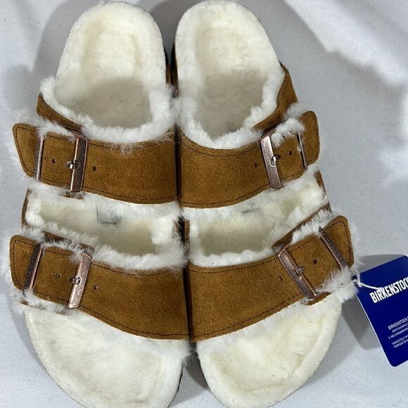 BIRKENSTOCK ARIZONA SHEARLING SANDALS NWT BROWN WHITE FUR - Picture 6 of 10